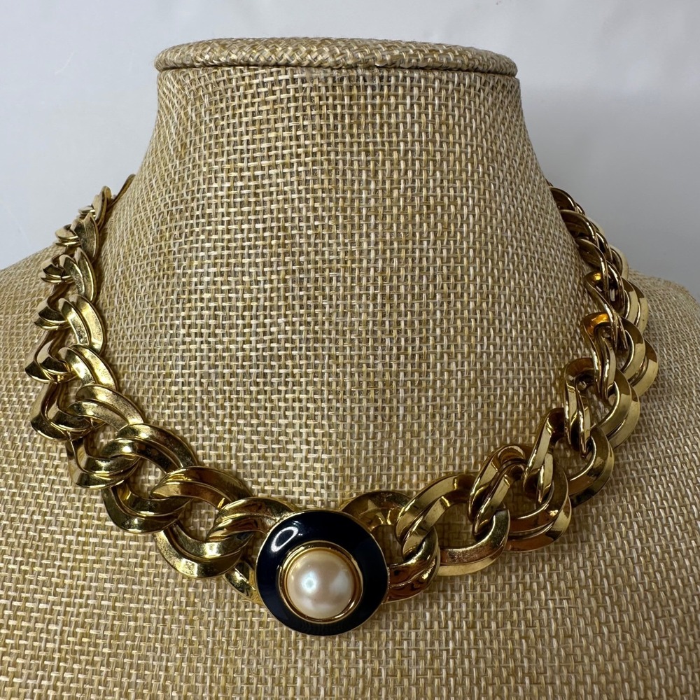 Vintage‎ Monet Gold Tone Chunky Link Choker Necklace Faux Pearl Black Enamel